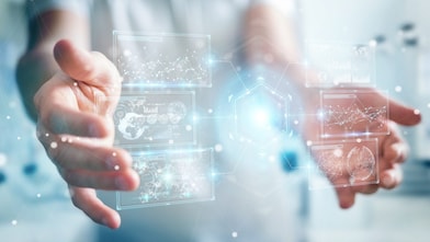 Businessman using digital interface with holograms 3D rendering