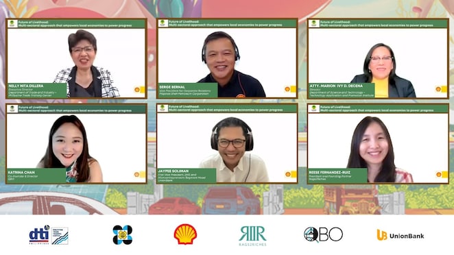 Speakers and Panel Reactors during the Future of Livelihood: Multi-sectoral approach that empowers local economies (Top Left-Right: Nelly Nita Dillera, Executive Director of the DTI-PTTC; Serge Bernal Vice President for Corporate Relations at Pilipinas Shell; and Atty. Marion Decena, Director of the DOST-TAPI. Bottom Left-Right:  Katrina Chan, Co-Founder of QBO; and Jaypee Soliman, First Vice President, SME and Microentrepreneurs Head of UnionBank; and Reese Fernandez-Ruiz, President and Founding Partner of Rags2Riches).