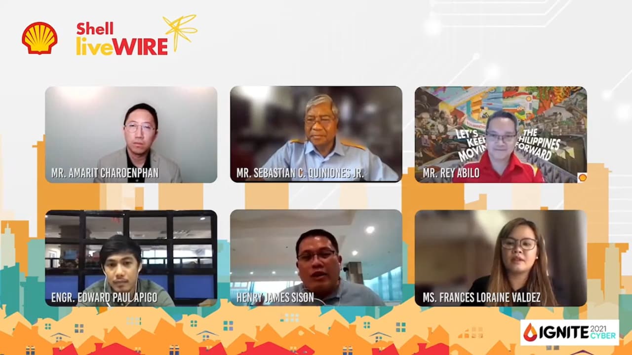 The panel of Judges during the Shell LiveWIRE 2021. Upper row, from L:  Amarit Charoenphan, Chief Transformation Officer of Enserv Holding; Sebastian Quiniones, PSFI Executive Director; Reynaldo P. Abilo, Vice President-Finance, Treasurer, and Chief Risk Officer of Pilipinas Shell Petroleum Corporation. Lower row, from L:  Engr. Edward Paul Apigo, Senior Science Research Specialist of DOST-PCIEERD; Henry Sison, founder of Shell LiveWIRE 2021’s winning team, Agro-DigitalPH; and Frances Loraine Valdez, DICT Division Chief of ICT Eco-System Development.