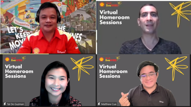 Upper row, from L to R: Serge Bernal, PSPC Vice President of External and Government Relations; and Nir Ten Bosch, CEO of Connected Freight Pte. Bottom row, from L: Tal De Guzman, owner and designer of Risqué Designs; and Matthew Cua of IGNITE and a member of Shell LiveWIRE Philippines