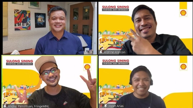 The Shell National Student Art Competition (NSAC) Virtual Art Interact kicks off with a timely theme in its first leg. The workshop encourages the next generation of artists to showcase their talent while embracing innovations in the next creative wave. (Top Left-Right): Serge Bernal, Pilipinas Shell Vice President for Corporate Relations; Jopet Arias, NSAC Alumnus and Winner. (Bottom Left-Right): Aldrine Alarcon, Multimedia Artist; Andrei Pamintuan, Creative Director of FringeMNL and Pineapple Lab.