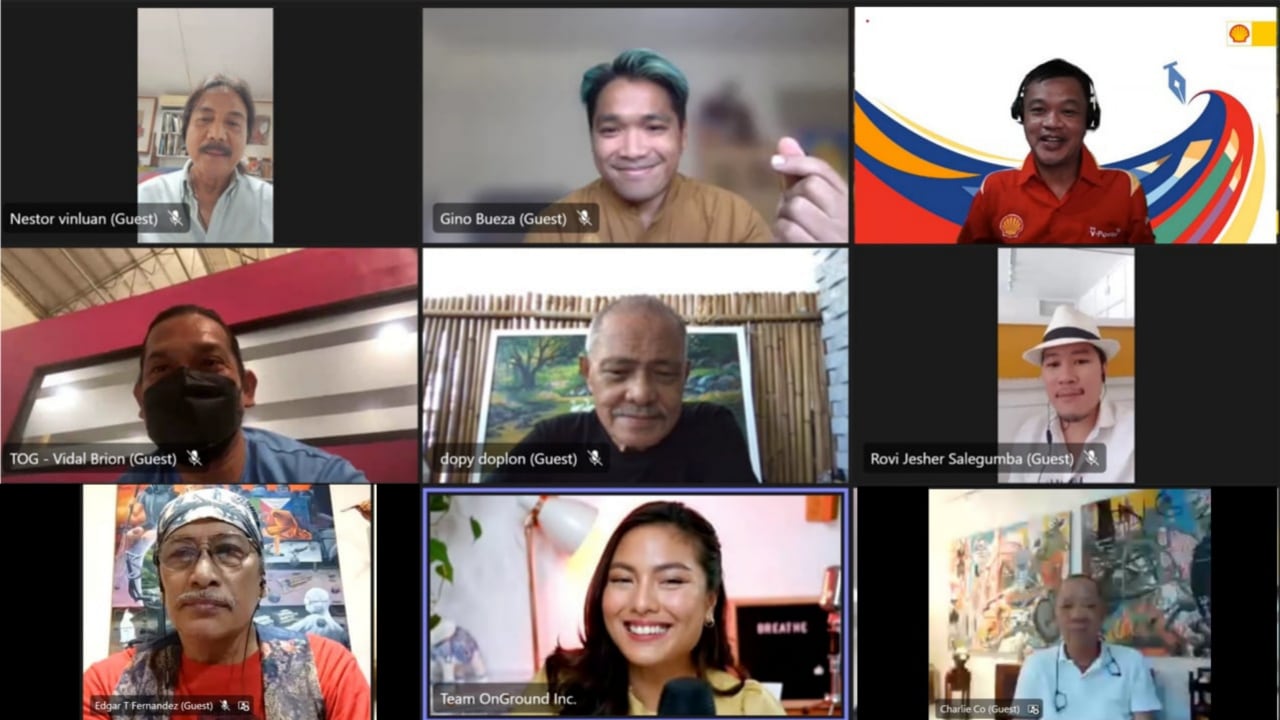 The 55th Shell NSAC’s launch event invited industry veterans and artists from previous Shell NSAC to detail their experiences and inspirations for aspiring artists.   Upper row, from left: Nestor Vinluan; Gino Bueza, and Pilipinas Shell Petroleum Corporation’s Vice President for Corporate Relations, Serge Bernal Middle row, from left: Vidal Brion, Dopy Doplon, and Rovi Jesher Salegumba Bottom row, from left: Edgar Fernandez, Cara Eriguel, and Charlie Co