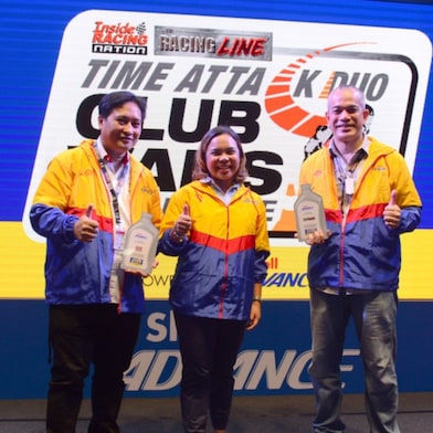 InsideRACING’s Al Camba, Shell Advance Brand Manager Chi Malabanan, and The Racing Line’s Jong Uy during the launch of 2023 Nationwide Club Wars 