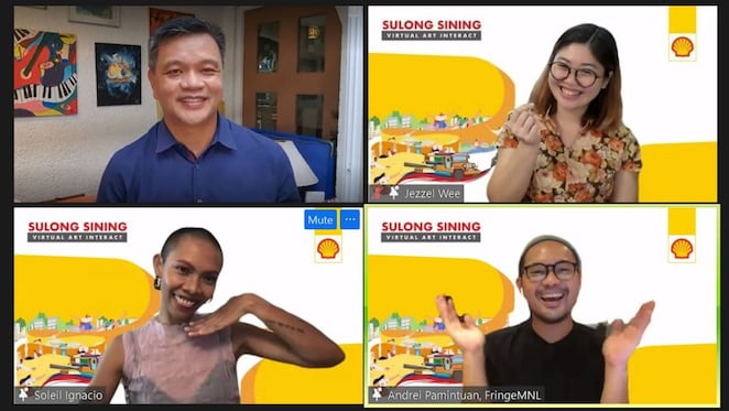 Students are inspired to make a living out of their art as they learn from professional artists at the final leg of the 55th NSAC Virtual Art Interact. Clockwise: Serge Bernal, Pilipinas Shell Vice President for Corporate Relations; Jezzel Wee, artist and potter, Andrei Pamintuan, Creative Director of FringeMNL; and Soleil Ignacio; Art Director