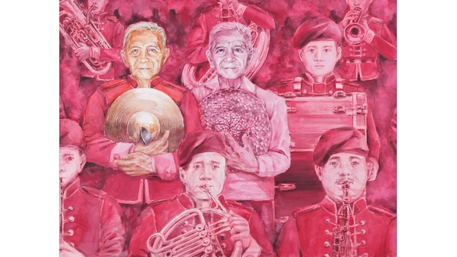 WATERCOLOR: This watercolor painting shows an elderly musician and farmer surrounded by band musicians, symbolizing the empathy, solidarity, and unifying power of art in Filipino culture.