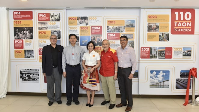 Generations of Shell leaders, united by a legacy of progress. Past and present Country Chairs (L-R) Ed Chua, Cesar Romero, Lorelie Quiambao-Osial, Cesar A. Buenaventura, and Eli Santiago pose before the milestone wall during the celebration of 110 years of Shell in the Philippines as it empowers the lives of the Filipinos.