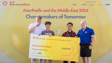 The Cardinals from Mapua University accept their $3,000 prize for the Technical Innovation Award at the Shell Eco-marathon Asia-Pacific and the Middle East 2024, celebrating their innovative approach to energy-efficient vehicle design.
