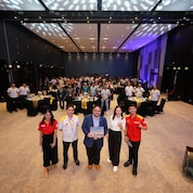 Jonas Marie Dumdum of Nomura Research Institute receives a token of gratitude from Chris Alli, Head of Shell Fleet and CRT, and Jackie Famorca, Shell Pilipinas Vice President for Lubricants.