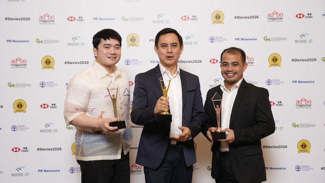 Shell Companies in the Philippines representatives (from left) Ryl Joseph Misalucha, RE Workplace Services Lead PH; Archie Arceno, RE Manager Manila; and Ramel Bibal, Health Advisor Operational Excellence, during the 13th Annual Asia-Pacific Stevie Awards Banquet held in Macao, China.