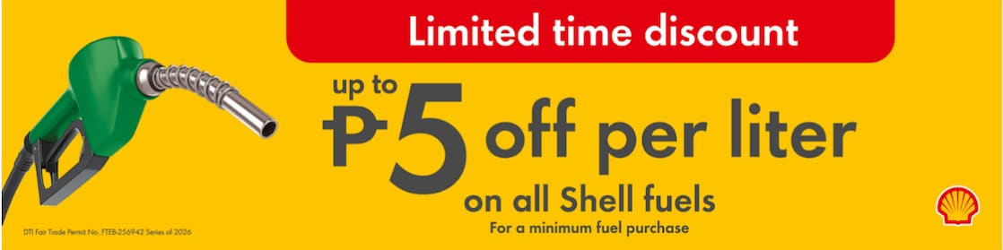 Shell promotion offering up to ₱5 off per liter on all Shell fuels.