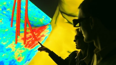 Seismic image displaying well trajectories showing how different sources of subsurface data can be integrated