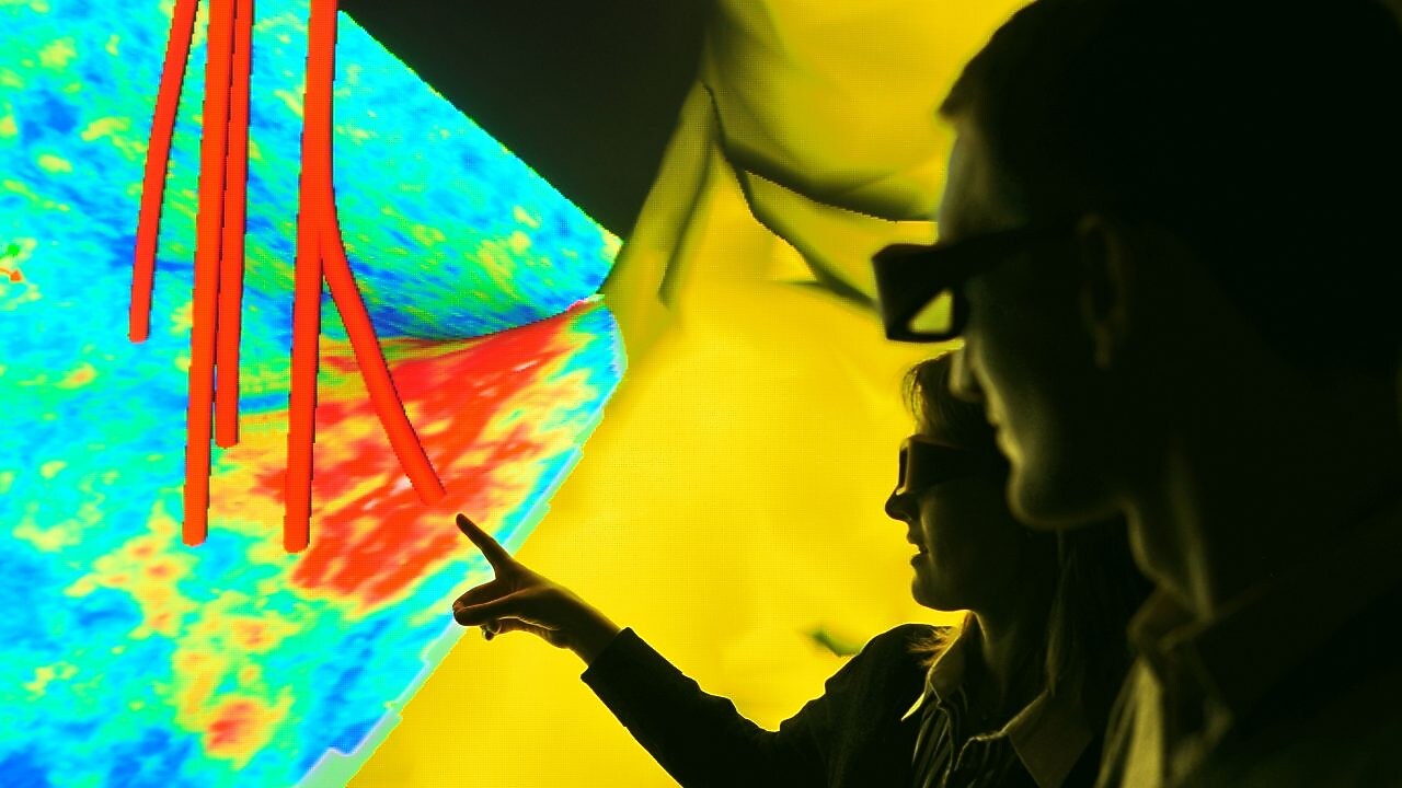 Seismic image displaying well trajectories showing how different sources of subsurface data can be integrated