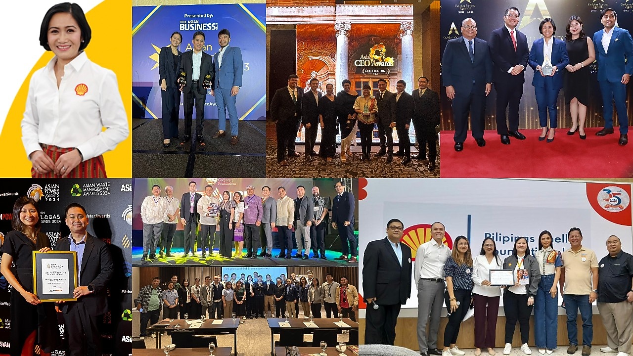 A collage of photos featuring Shell Philippines officials and employees receiving various awards. The images showcase moments of recognition and celebration, with officials holding trophies and certificates, smiling, and posing for group photos.