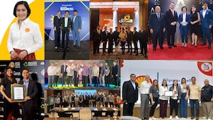 A collage of photos featuring Shell Philippines officials and employees receiving various awards. The images showcase moments of recognition and celebration, with officials holding trophies and certificates, smiling, and posing for group photos.
