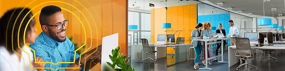A team of individuals collaborating in an orange-and-cyan-toned office setting