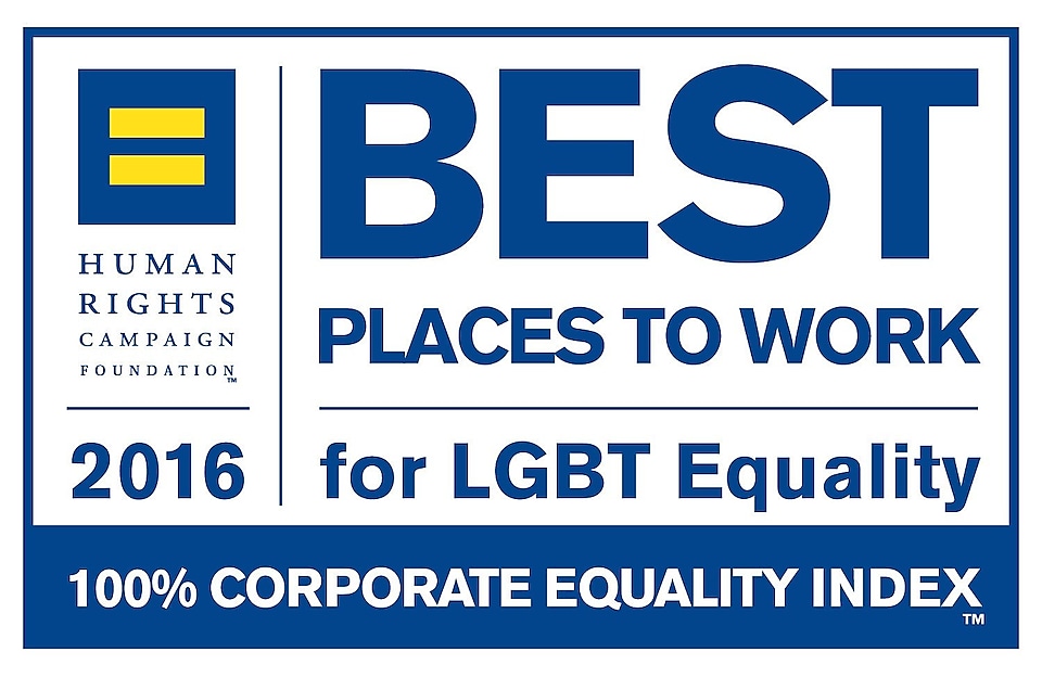 This image shows text which reads: Human rights campaign foundation 2016. Best place to work for LGBT equiality. 100% corporate equality index.
