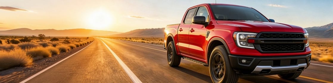 Red Pick-Up Truck on a long strip of road with the desert and mountains around, and the sunset as the background