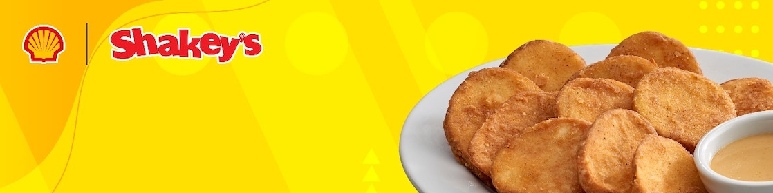 Pecten and Shakey's logos on the upper left corner with a photo of Shakey's Mojos and Dip on the right side corner of the layout