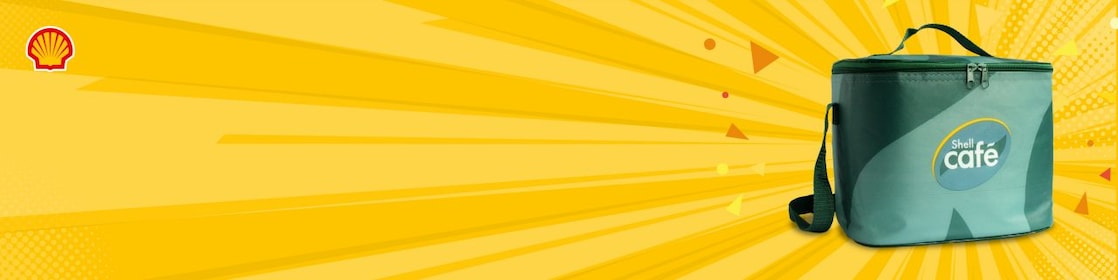 Shell Pecten on the upper left side corner, featuring a green insulated bag with Shell Cafe Logo on the right side, all on Yellow background