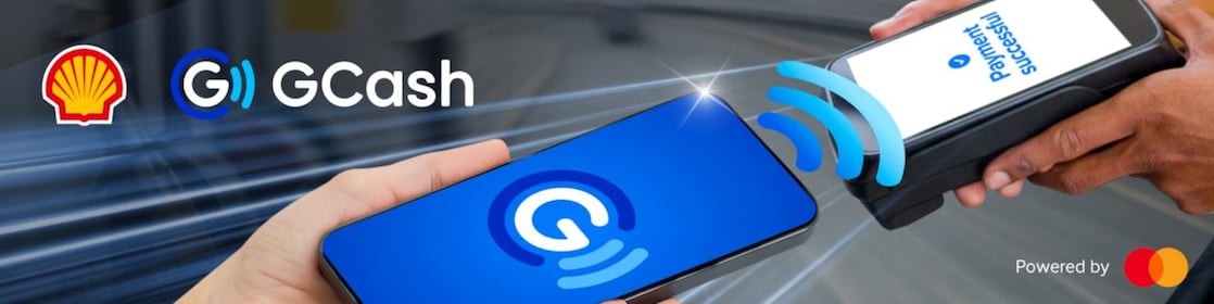 Hand holding a phone while tapping on a payment terminal that shows Payment Successful on the center of image, with Pecten and Gcash logo on the upper left corner of image, and Powered by Mastercard logo on the lower right of image