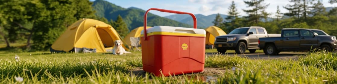 Limited edition Shell Helix Cooler in the center of the image, placed on the ground with grass and a background of a camping site with trees, mountains, yellow tents and grey pick-up trucks.